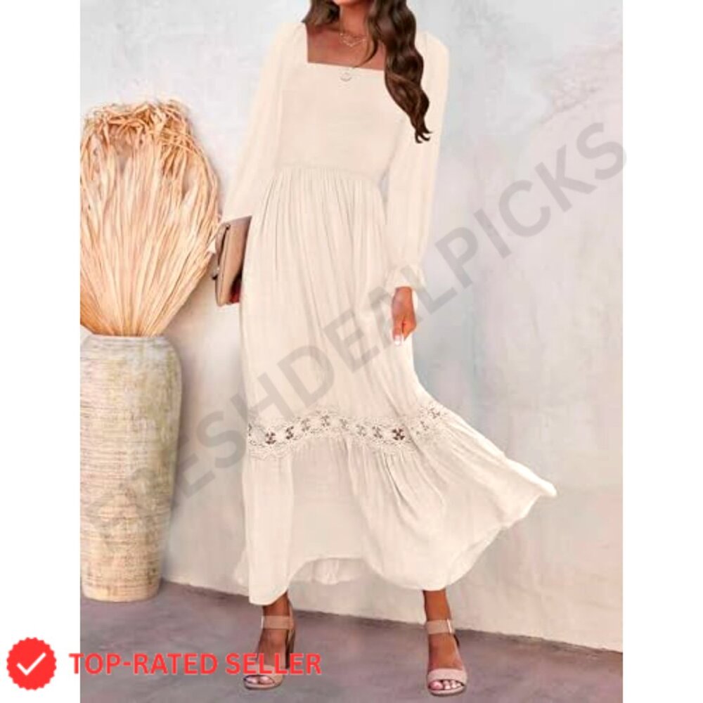 Boho Maxi Dress Long Sleeve Square Neck Smocked High Waist Flowy Lace Trim - Picture 3 of 7